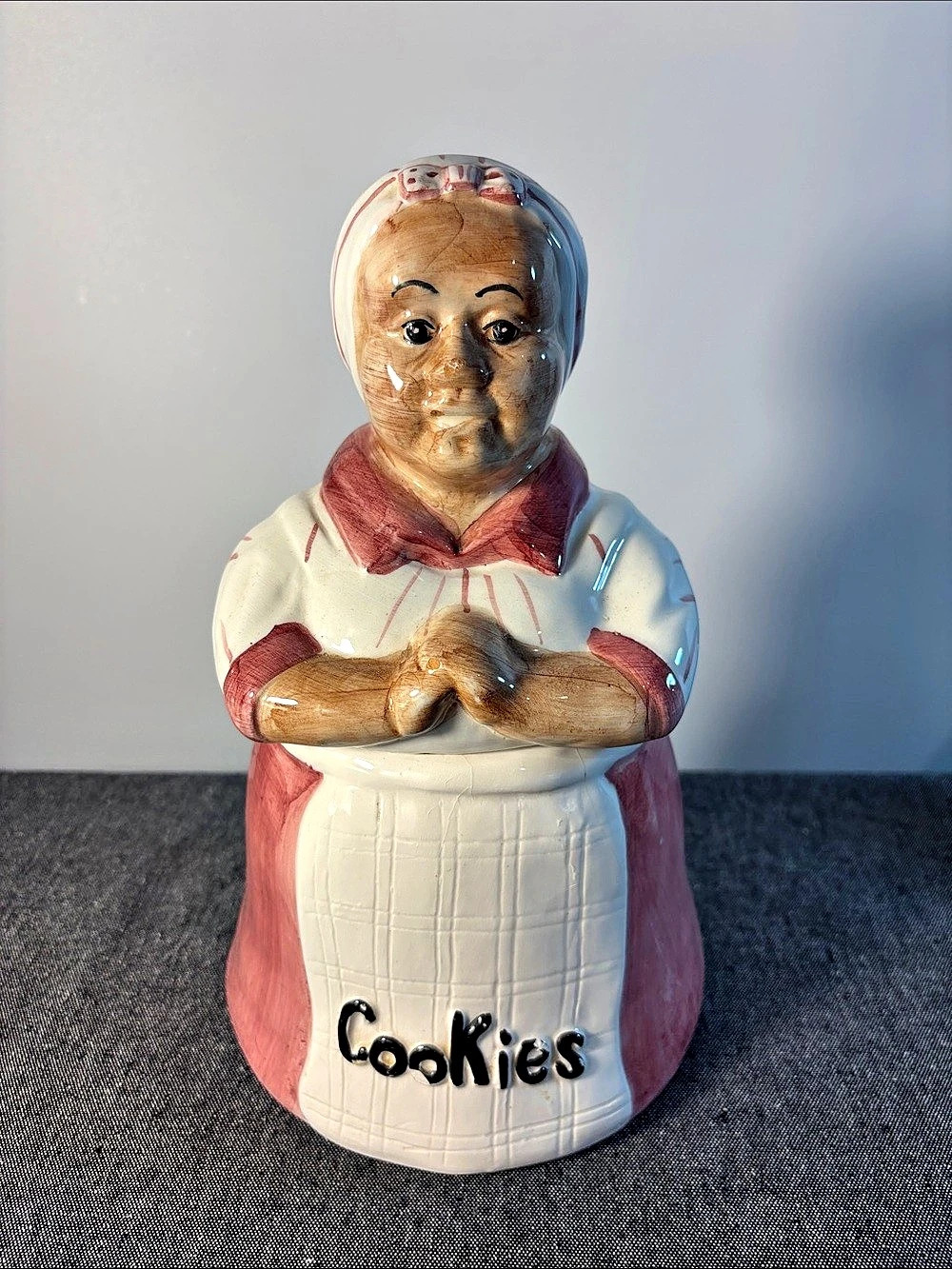 Beautiful Vintage Woman in Pink Ceramic Cookie Jar. Mid-Century.
